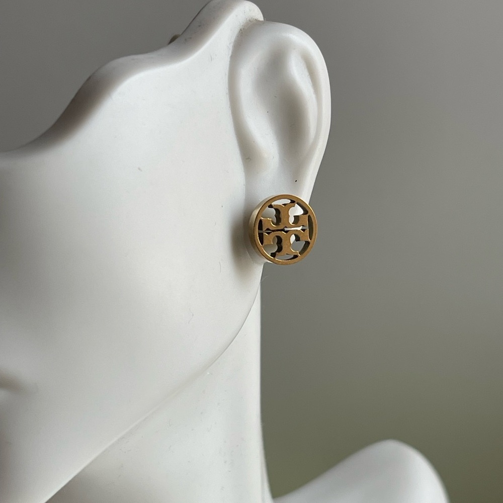 Tory Burch Gold Tone Round Cutout Logo Stud Earrings - Women Jewelry